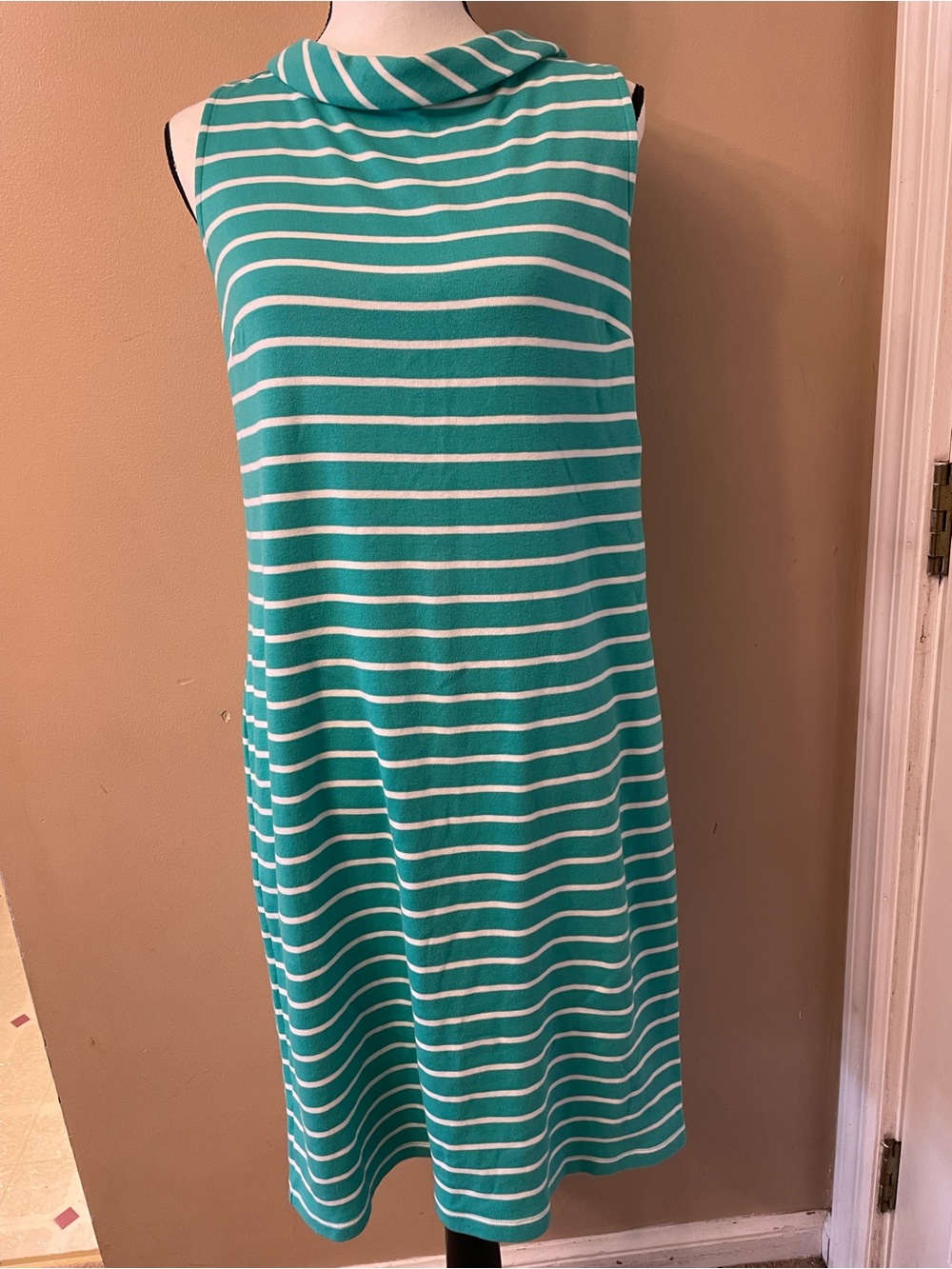 Talbot’s Sleeveless Teal and White Striped Cowl Neck Dress